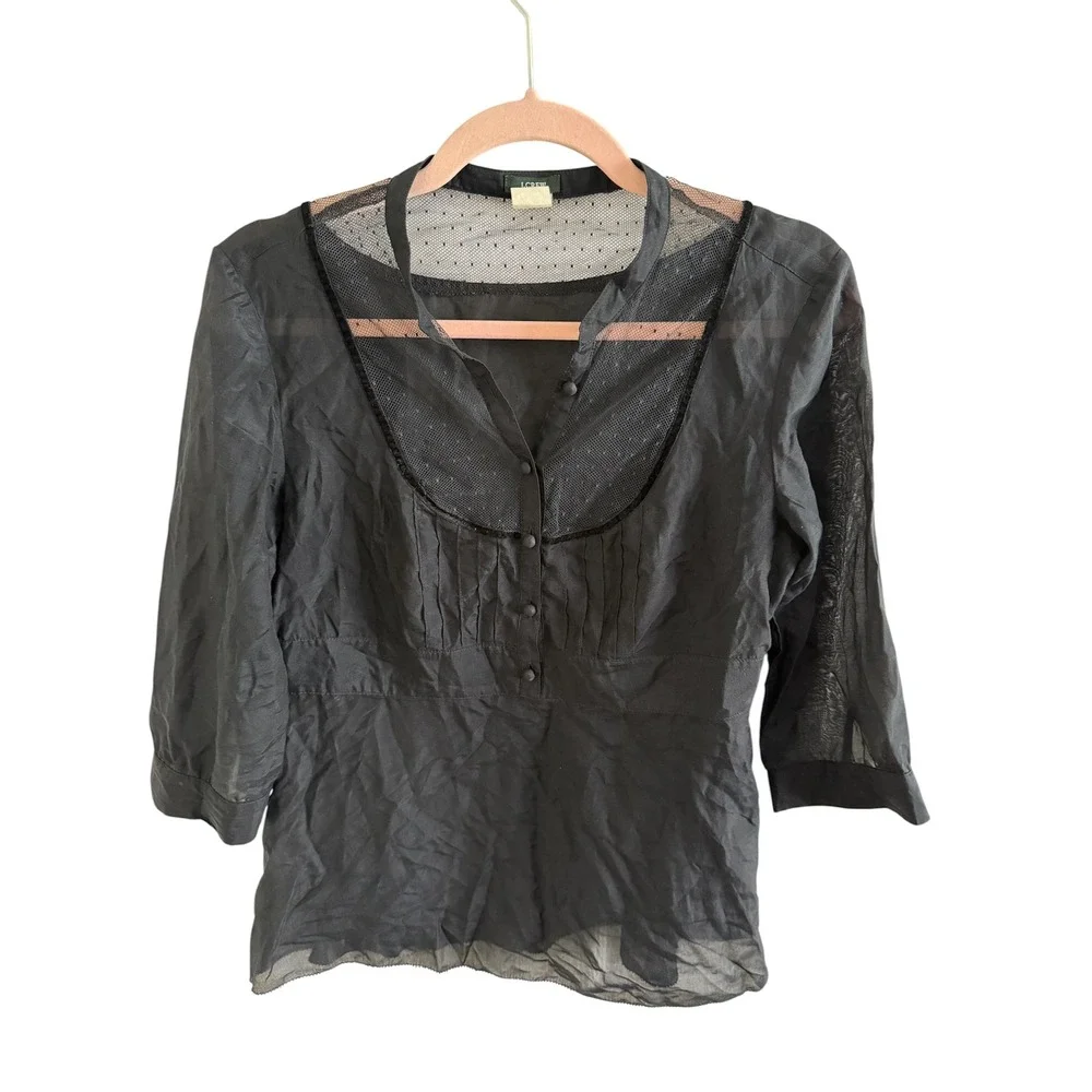 J.Crew Black Silk Cotton Blouse Size 4 Sheer Mesh Lace Detail - Picture 3 of 5